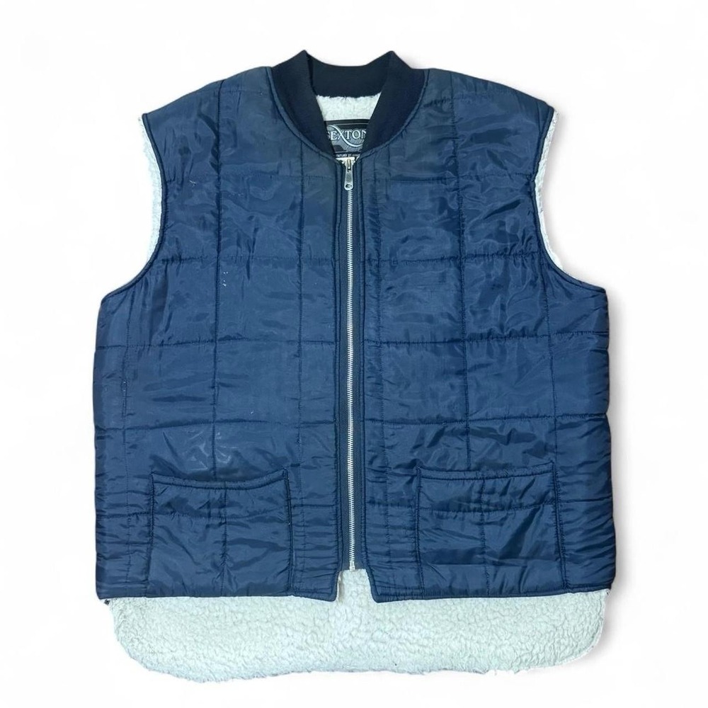 Vintage 70s Navy Blue Sherpa Lined Sexton Quilted Outdoor Workwear Vest Large